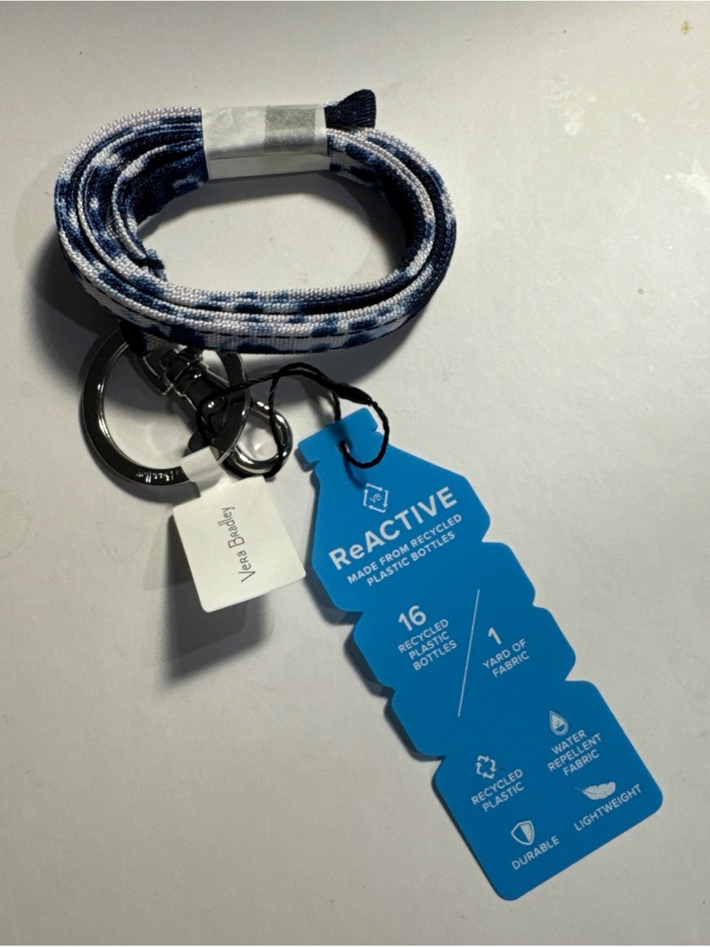 NWT Vera Baradley ReActive Blue White Lanyard Keychain island tie dye clip ring